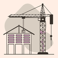 A silhouette illustration of a construction site, featuring a crane and a partially built house 