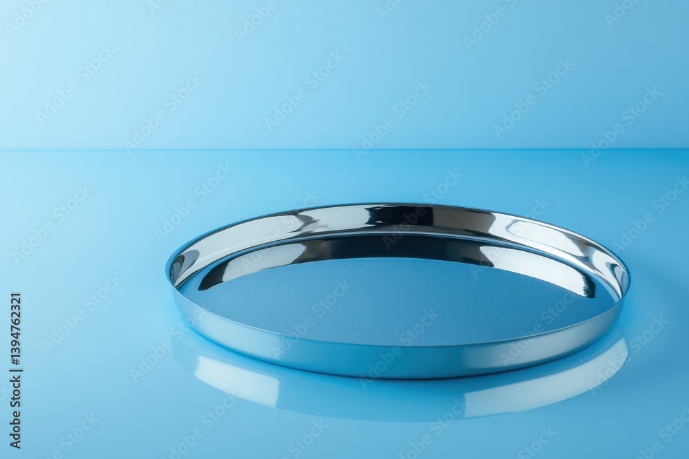 Poster Shiny circular metal tray on a blue surface reflecting light and creating depth in a minimalistic setting