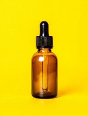 Amber Glass Dropper Bottle on Yellow - Amber glass bottle with dropper, showcasing elegance, purity, and natural essence. Symbolizing health, beauty, and precision. Perfect for essential oils, serums