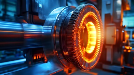 A metal object with a yellowish glow. The object is surrounded by a blue background. The object appears to be a machine part or a piece of machinery