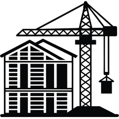 A silhouette illustration of a construction site, featuring a crane and a partially built house 