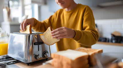 A young person is making toast in a toaster