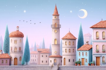 Soft watercolor animation concept of a girl flying over a dreamy village