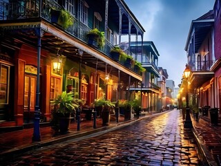 Cobblestone Street in New Orleans at Dusk