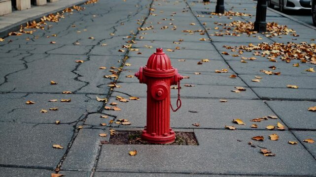 Bright red fire hydrant on sidewalk with scattered autumn leaves