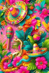 Obraz premium Vibrant pink and yellow mexico icons poster background