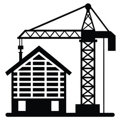 A silhouette illustration of a construction site, featuring a crane and a partially built house 
