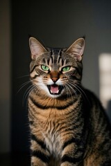 Obraz premium there is a cat that is sitting on a table with its mouth open