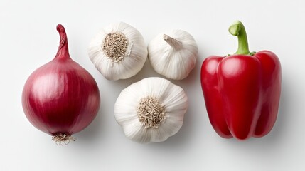 Bunch of garlic, onions, and red bell peppers are displayed on a white background. The arrangement of the vegetables creates a sense of freshness and abundance