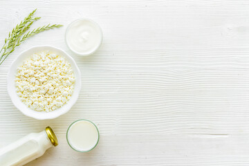 Various dairy products, top view. Milk and cottage cheese with sour cream
