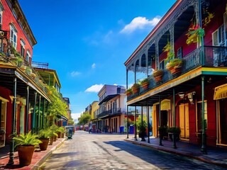 Obraz premium Colorful Street in New Orleans with Balconies and Lush Greenery