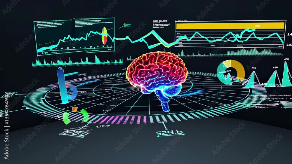 Poster exploring the intersection of technology and neuroscience through dynamic brain visualizations