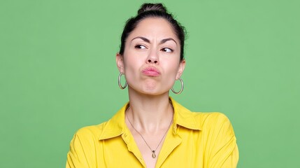 Obraz premium Woman in a yellow shirt is looking at the camera with a frown on her face. She has a necklace around her neck and earrings in her ears