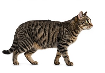 A brown tabby cat standing on a white background in a studio looking to the right side view shot isolated on white background