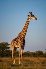 Obraz premium there is a giraffe standing in a field with trees in the background