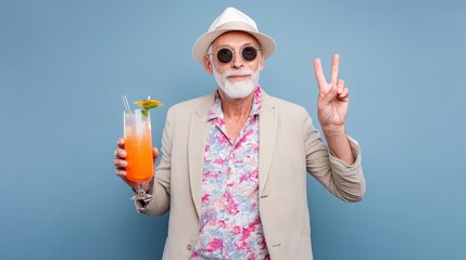 Man in a hat and glasses holding a drink and making a peace sign. Concept of relaxation and enjoyment, as the man is dressed in a casual outfit and holding a refreshing drink