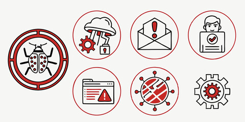 Cybersecurity Threat Icons: Virus Bug Cloud Email Folder User Globe Gear Red Black Line Art Vector Graphic Set