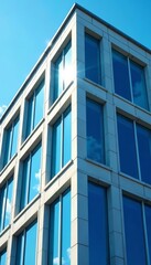 Close up of windows on a modern high rise building with blue sky background, modern, reflection