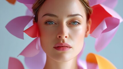 Woman with a pink flower headpiece is wearing a pink and orange outfit. She has a bright, happy expression on her face