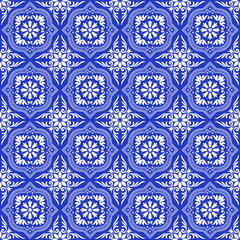 Seamless pattern, azulejo style floral ornament. Swatch is included.