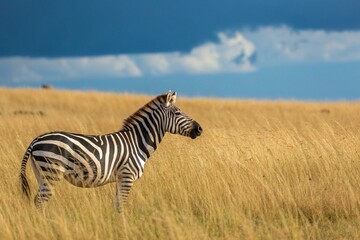 A zebra stands in yellow grass during a safari