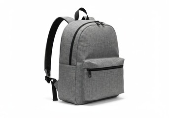 A gray backpack with black straps and zippers on a white background in a studio setting light isolated on white background