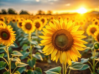 Obraz premium Golden hour sun bathes vibrant yellow sunflowers in a minimalist summer field.