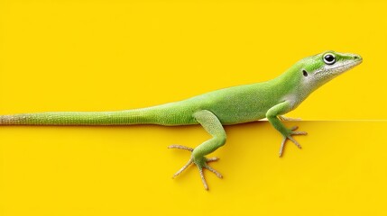 Fototapeta premium Green lizard is standing on a yellow background. The lizard is the main focus of the image, and it is looking up at the viewer. The yellow background creates a bright and cheerful atmosphere
