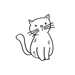 Cute hand-drawn sitting cat, pet animal vector outline cartoon illustration.