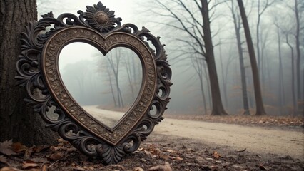 Fototapeta premium Gothic heart frame kit: vintage baroque border, dark antique ornament, floral swirls, Victorian romance, Halloween.