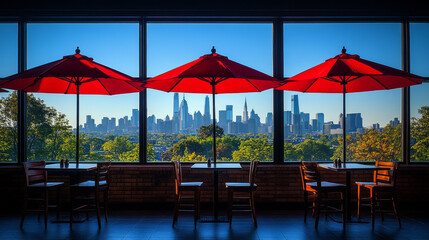 vibrant city skyline is visible through large windows, framed by three red umbrellas. scene captures lively atmosphere, perfect for enjoying drink while admiring urban landscape