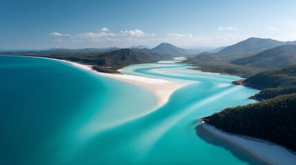 Obraz premium Aerial view of whitehaven beach australia queensland travel destination scenic landscape turquoise ocean