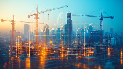 Acceleration of construction pace. Rising chart near buildings under construction and tower cranes. Growing profits for architectural firms. Upward income trend for builders.