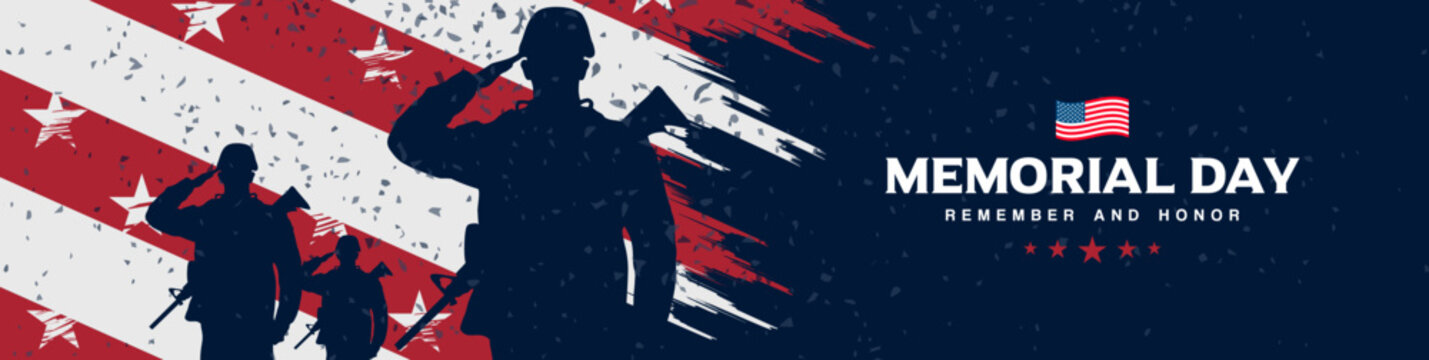 Happy Memorial day banner background vector 
text logo with Silhouette of soldier & Grunge distressed American flag clipart background, USA