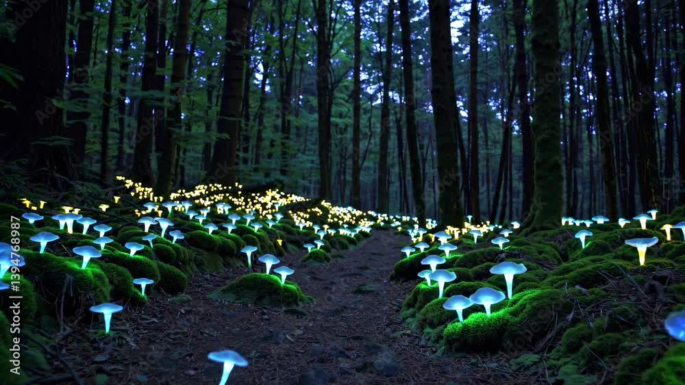 Poster glowing mushrooms illuminate a forest path at night, creating a magical atmosphere in nature