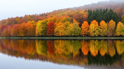 Obraz premium A tranquil lake reflecting the vibrant colors of the surrounding autumn forest