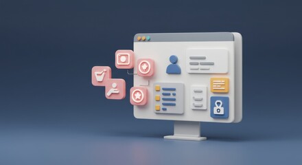Modern 3D Render of User Interface Dashboard Design for E-commerce Platform with Integrated Features and Secure Access