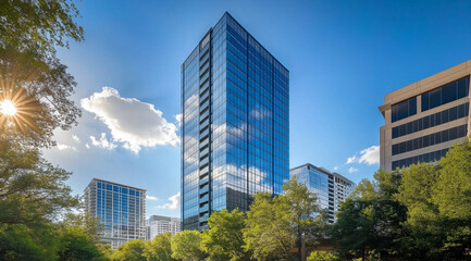 Lush green trees beside tall buildings, symbolizing ESG focused urban corporate responsibility.