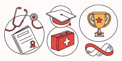Medical, Education, Success Vector Icons: Stethoscope, Diploma, Graduation Cap, First Aid Kit, Gold Trophy, Infinity Ribbon