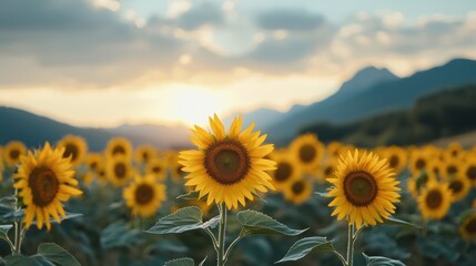 Fototapeta premium Endless sunflower fields stretching toward the horizon at sunset