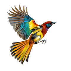 Obraz premium a vividly colored bird in mid-flight showcasing its striking plumage with a blend of vibrant blues reds yellows and greens against a plain white background