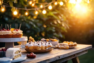 Outdoor vibrant birthday celebration with rustic desserts garden setting evening glow joyful atmosphere for memorable moments