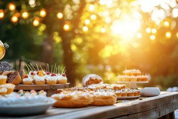 Joyous outdoor birthday celebration with delicious treats rustic decor vibrant atmosphere sunlit garden enchanting viewpoint cherishing moments together