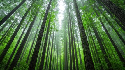 Fototapeta premium Misty rainforest with sunbeams filtering through the lush foliage