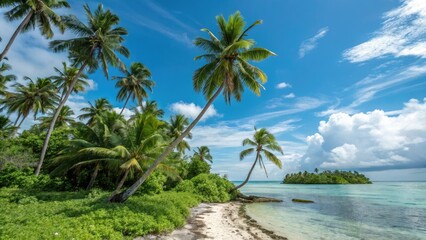 Obraz premium Lush palm trees sway against a vibrant blue sky, a tropical paradise beckoning.