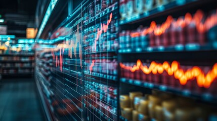 Market graph over a blurred image of a supermarket background. Out-of-focus shelves stocked with dairy products. Grocery store. Retail industry. Display rack. Inflation theme
