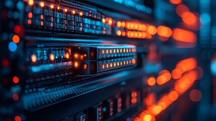 Fototapeta premium Network infrastructure. Telecommunications systems. Data center. Modem with fiber-optic cables. Router in a data center. Hosting devices. Internet connectivity. 