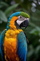 Fototapeta premium brightly colored parrot sitting on a branch with green leaves in the background