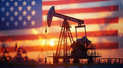 Oil rig development and production schedule set against the US flag. Increase in crude oil production in the United States. Rising oil barrel prices. Boost in exports of American petroleum products