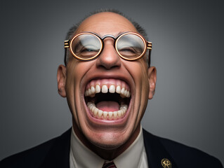 Funny picture of a creepy businessman with glasses laughing with big teeth and mouth wide open